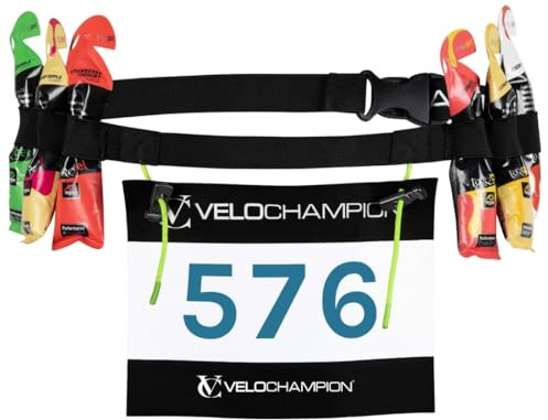 VeloChampion löparbälte – elastisk stretchpassform med klämfäste för Triathlon, maraton, cykling och race nummerhållare, Svart, One Size, Vuxen S/M + gelöglor