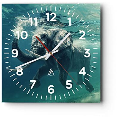 Modern Wanduhr Elefant Tier Wasser 30x30cm Quadrat Klein Wand Uhr Glas Analog Zimmeruhren Küche Büro Wohnzimmer Glasuhr Wall Clock Dekoration Design Wanddekoration Küchenuhr C4AC30x30-3944