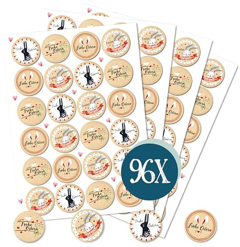 Frohe Ostern Aufkleber Set, 96 Stück: Osteraufkleber Schriftzug, Ostersticker Osterhase & Schrift, Osteretiketten Tüten, Geschenkaufkleber Klein, Sticker Osterhasen, Etiketten Selbstklebend, ⌀ 4 cm
