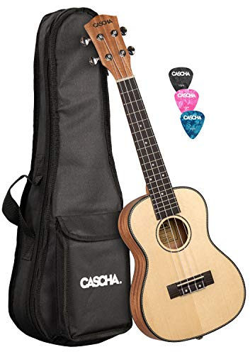 CASCHA Konzert Ukulele, Massive Fichtendecke, Solid Top, Hawaii Gitarre Set mit Aquila-Saiten, Zubehör, Tasche und 3 Plektren
