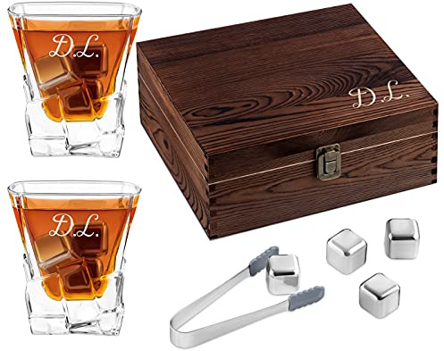 Maverton Set di Pietre da Whisky, in un cofanetto personalizzato | 8 cubetti di ghiaccio + 2 bicchieri con incisione, riutilizzabili, in granito, regalo uomo, iniziali