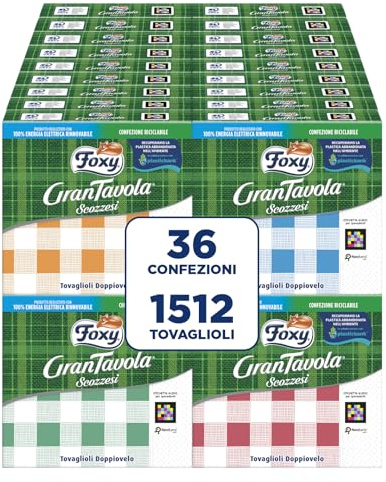 Foxy GranTavola Escocesa | Servilletas de doble capa | 36 paquetes de 42 unidades 32 x 32,5 cm | Decoración escocesa 4 colores | PEFC | 100% energía eléctrica renovable | Paquete 100% reciclable