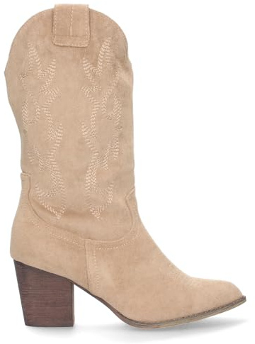 62076-Bota Campera con Tacon, Comodas, Bordado en Cana y Empeine, Estilo Vaquero Cierre de Cremallera, Ideales Otono Invierno. Talla 40 Beige