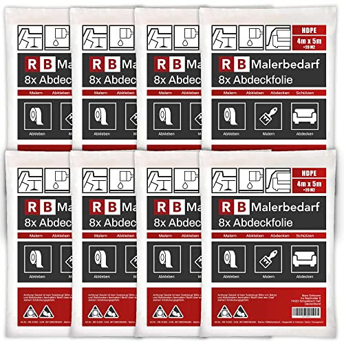 RBMalerbedarf - 8x Abdeckfolie Maler - 4x5m Plastikfolie - Malerfolie für Möbel & Fenster - Rundum Schutz gegen Staub & Farbe - Perfekt für Malerarbeiten - Folie für Maler Stark - Malerplane 160qm