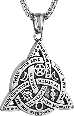 HZMAN Double Sided Stainless Steel Triple Goddess Triquetra Necklace Celtic Knot Irish Christian Trinity Knot Pendant Jewelry Gift