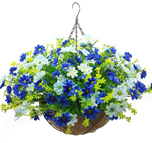 Lamsze Artificial Faux Hanging Plants Flowers Basket for Summer Autumn Outdoor Outside Porch Decoration, Fake Silk Colorful Daisy Eucalyptus UV Resistant Look Real for Home Patio Balcony Yard