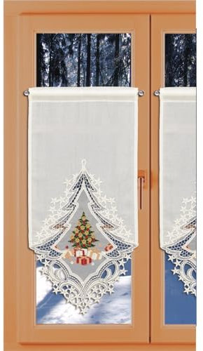 kollektion MT Winter-Scheibenhänger Bescherung Organza-Einsatz Buntstickerei Scheibengardine aus Vogtländischer Spitze Höhe x Breite 70 x 30 cm