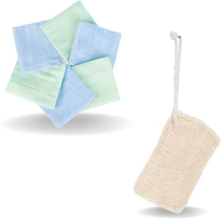 Ko&Pro 100% Bambus Tücher 6er Set 25x25 cm + 1x Luffaschwamm | Mehrzweck-Reinigungstücher für Hochglanz-Küchen, Bad, Haushalt, Küche & Streifenfreie Fenster + DIY-Rezeptesammlung