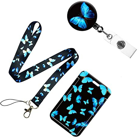 Ausweishülle Mit Band 1 Stück Ausweishalter Ausziehbar Busfahrkarten hülle | WUDQIJI Schüler Schlüsselbänder Lanyard Mit Kartenhülle Mit Band für Ausweise Büro Schule(Blauer Schmetterling)
