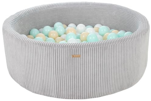 Bällebad Bällepool Bällebecken Spielbecken Kordsamt-Bezug 200 Bälle rund ⌀90 cm (Farbe des Pools/der Bälle: grau/weiß, cappuccinofarben, mint)