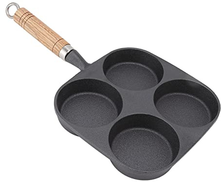 Wifehelper Poêle à Oeufs Patio Omelette Pan en Fonte Cookout Poignée en Bois Non Revêtue Ustensiles Poêle en Fonte Pancake Maker pour 4 Tasses Pan