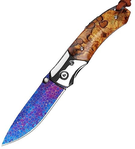 TABKER Klappmesser einhandmesser Farbe Damaszener-Muster Holzgriff Klappmesser scharfes Taschenmesser für Outdoor Outdoor Survival Messer für Camping