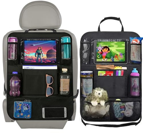 JJYHEHOT 2 Pack Car Seat Organiser, Car Tidy Organiser Back Seat for Kids, Water Proof Oxford BackSeat Protector with 10 Ipad Tablet Holder, 9 Pockets for Toys, Books, Bottles, Black