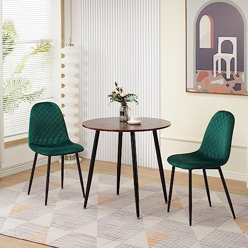 Homcasa Dining Table and Chairs Set 2, 80cm Round Wooden Dining Table and Velvet Dining Chairs Set of 2, Small Dining Room Set for Home Kitchen Office Meeting Café (Table with 2 Green Chairs)
