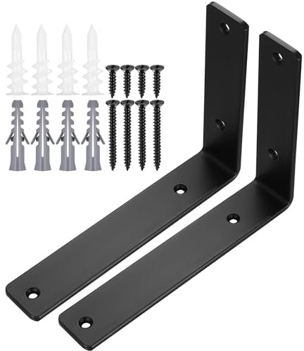 Soporte de estante, ángulo de montaje de estante de 90 grados de hierro premium, soportes de metal versátiles para estantes y muebles de madera, juego de 2 soportes de estante negros (8 x 6 x 1.5
