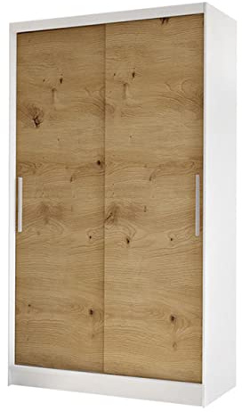 Mirjan24 Kleiderschrank Margite I mit Kleiderstange und 5 Fächer, Schlafzimmerschrank Flurschrank Garderobenschrank Dielenschrank Schwebetürenschrank (weiß/Artisan Eiche)