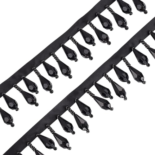 OLYCRAFT 2,7 m schwarze Perlenfransenborte, dekorative Perlenfransenborte in Tropfenform, Fransenborte aus Polyester, für Hochzeit, Braut, DIY, Nähen, Basteln, Heimdekoration, Kleidungsdekoration