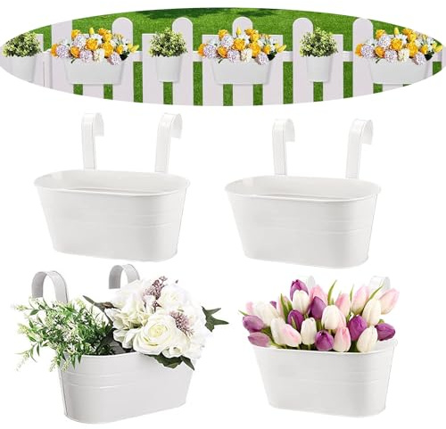 BSTMOME Paquete de 4 macetas colgantes, macetas de jardín, macetas de balcón, macetas de metal para colgar en la pared, maceta decorativa con ganchos desmontables para barandilla, valla, balcón