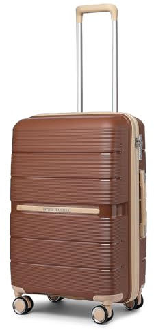 British Traveller Reisekoffer Mittelgroß Koffer Trolleys Mittelgroß Hartschalenkoffer 100% PP Handgepäck Koffer mit 8 Spinnerräder Rollkoffer 66 * 43.3 * 28.5cm Suitcase TSA-Schloss Braun