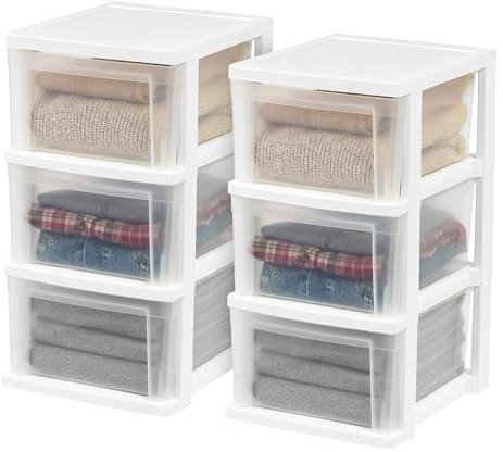 IRIS USA 3-Drawer Slim Narrow Storage Organizer, 2-Pack, White/Clear