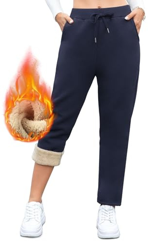 Vorvowry Fleece Lined Joggers Womens Fluffy Sherpa Trousers Warm Thermal Sweatpants Winter Thick Tracksuit Bottoms Drawstring Pockets for Ladies Running Fitness XL Straight Leg Navy Blue