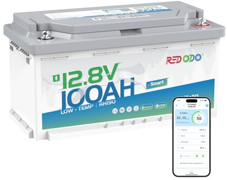 Redodo 12V 100Ah H190 LiFePO4 Batterie mit 100A Smart BMS, 1280Wh, IP65 | Bluetooth, Untersitz Lithium Batterie für RV, Off-Grid, Solaranlage, DIN H8/L5, Niedrigtemperaturschutz, 4000+ Tiefzyklen