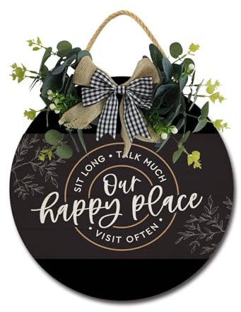 Our Happy Place Haustürschild, lustige Kränze, hängende Holzschild, Dekoration, rund, rustikales Holz, Bauernhaus-Veranda-Dekoration für Zuhause, Haustür-Dekoration, 27,9 x 27,9 cm