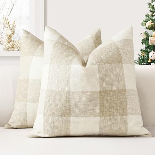 JOTOM Set of 2 Classic Plaids Cushion Covers 45x45 cm Farmhouse Buffalo Check Soft solid Decorative Throw Pillow Covers Home Decor Outdoor Cushion Case for Sofa Bedroom (Cream White)