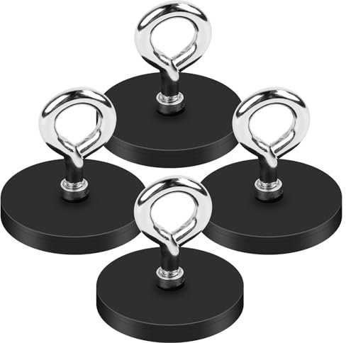 Neodymium Magnets Strong, 4 Pieces Round Magnet with M6 Suspension Ring, 43mm Screwable Rare Earth Magnet with Hole Rubberised Magnets External Thread for Workshop, Cruise