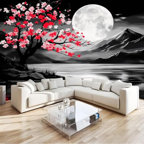 Fotomurali Stile Giapponese Montagne Fiori Di Ciliegio Fotomurale 3D Tessuto Non Tessuto Poster Nero Carta da Parati Per Decorazione Murale 300 x 210 cm Per Soggiorno Camera da Letto Murale