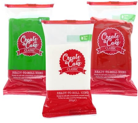 Create A Cake Ready To Roll Icing | Red, Green, & White Christmas Multipack Fondant Icing | 3 Pack Palm Free Sugar Paste For Cake Decorating, Cupcakes, Cookies, Cakes - 600g