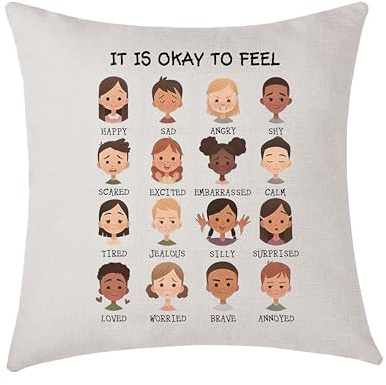 AMZKWY It Is Okay To Feel Mental Health Cushion Cover Throw Pillow Cover Classroom Decor Teacher Gifts for Classroom, Social Emotional Calming Corner 45x45cm (It is okay to feel)