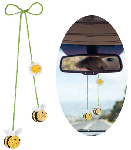 AHANDMAKER Crochet Bee and Sunflower Car Hanging Ornament, Cute Bee Car Rear View Mirror Hanging Charm Automotive Interior Decorations Bag Ornament
