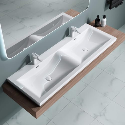 doporro Doppio Lavabo Lavabo Da Incasso 144 cm Bianco Lava Mani Rettangolare in Solid Superficie per Bagno 144x48x12 cm Colossum03