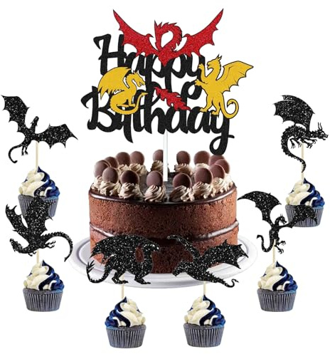 Doyomtoy 13 Piezas Negro Dragones Decoración para Tartas,Decoración de pastel de Cumpleaños con Tema de Dragón,Fiesta de cumpleaños infantil con ducha para bebés Adorno de pastel de bricolaje