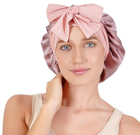 Bonnet en soie 22 Momme – Bonnet de nuit en soie femme, double couche | 100% soie de mûrier 6A, large bande à nouer, pour cheveux bouclés, longs et colorés, aide à réduire les frisottis la nuit
