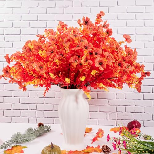 HJIJIAY 6Pcs Autumn Artificial Flowers,Outdoors Artificial Autumn Flowers,UV-Resistant Fake Flowers Shrubs Plants for Fall Home Garden Porch Decoration Thanksgiving Halloween Decor (Sunset Orange)