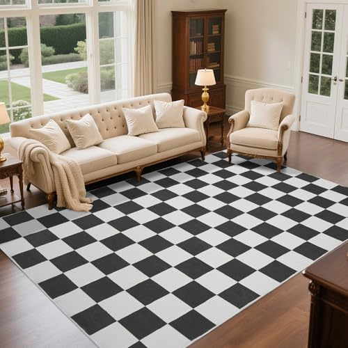 Wohnzimmerteppich 120X170cm, Schachbrettmuster Ultradünn, Schwarz und Weiß