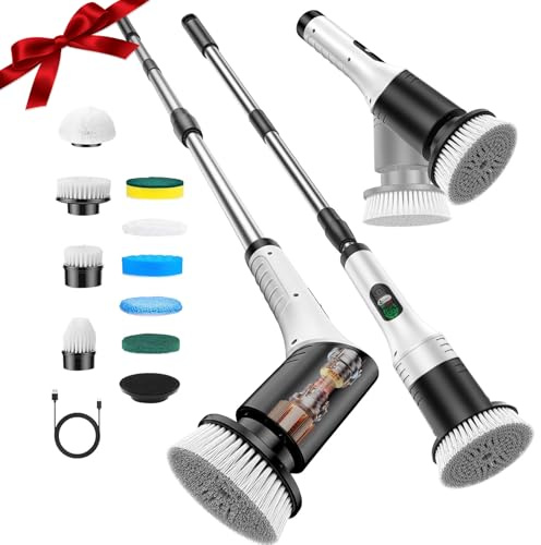 Spazzola Elettrica Rotante 9 in 1, Spazzola per La Pulizia Senza Fili con 9 Testine, Manico Regolabile, 2 Velocità, 2000mAh, con Regolabile braccio di prolunga per cucina, Bagno,pavimenti