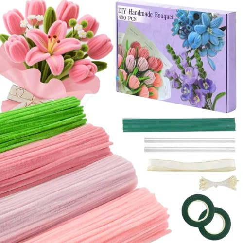 400 Piezas Limpiapipas Manualidades Flores Set de Limpiapipas Flores, Limpia Pipas para Manualidades de Colores con instrucciones, cintas para Flores, para Regalos Artesanales y Decoración