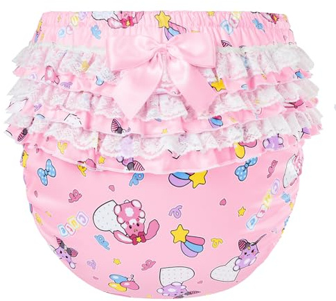 LittleForBig Silky Washable Reusable Waterproof Ruffled Lace Bow Pretty in Baby Usagi & Bella Pattern Adult Diaper Cover Pink M