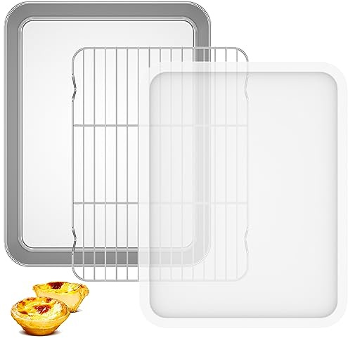 Backblech mit Gitter 26x20x5cm Edelstahl Backform mit Pfannen Gestelle BPA-frei Spülmaschinenfest Ofenblech zum Backen von Brot Kuchen Pizza Pasteten Torten Hähnchen Speck