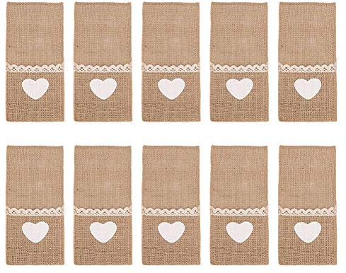 RiToEasysports Rustikales Bestecktaschen-Set, 10-teilig, Jute-Spitzen-Besteckhalter, Sackleinenbeutel für Tischdekoration auf Dem Land, Hochzeit (Bestecktasche „True Colour of Love“.)