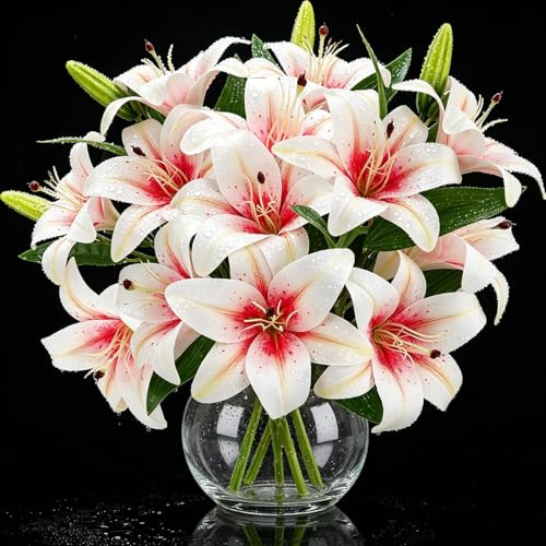 6PCS Artificial Lilies Flowers with Buds, 3D Printing Realistic Fake Lily | 12 Heads and 6 Buds, Short Stem Artificial Lily Flowers. UV-resistant Faux Flowers for Vase, Home, Wedding, Mothering Sunday