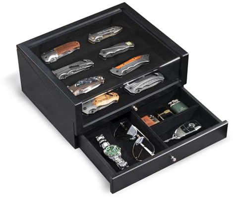 Emfogoo Espositore per coltelli, custodia per pugnali a 2 livelli e 4 file, in legno, per collezionare coltelli tascabili, idea regalo (nero)
