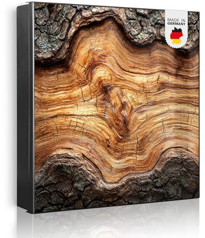 banjado Großer Schlüsselkasten Metall - Schlüsselbox 30x30cm beschreibbarer mit 32 Haken - Schlüsselkasten modern für Schlüsselaufbewahrung - Korpus Schwarz Scharnier Rechts - Motiv Holz Gemasert mit