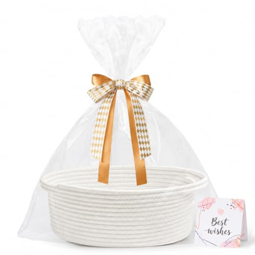 KODOMOORE Gift Basket Empty, Small Baby Shower Basket for Gifts, White | Gift Bag & Ribbon Included | 30x20x12 cm | Woven Cotton Rope | Sturdy Handles | Cute Basket for Baby Boy Girl