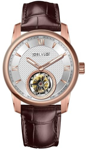 OBLVLO Lyxig roséguld Tourbillon herrklocka mode automatiska klockor äkta läder vattentät klocka för herrar JM-TB, JM-TB-PWWL, Mode