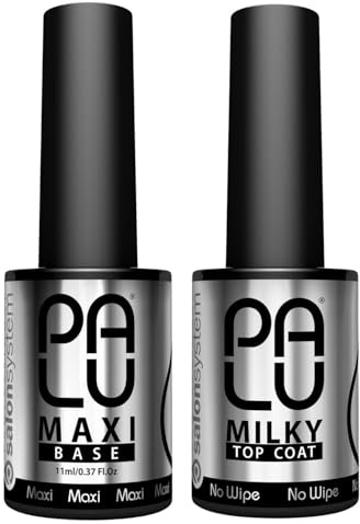 Palu Salon System - Base Coat Maxi + Top Coat Milky Set - Base Coat per Unghie UV, Trasparente, senza Acidi, Autolivellante, Alta Adesione, set: 2 prodotti x 11g