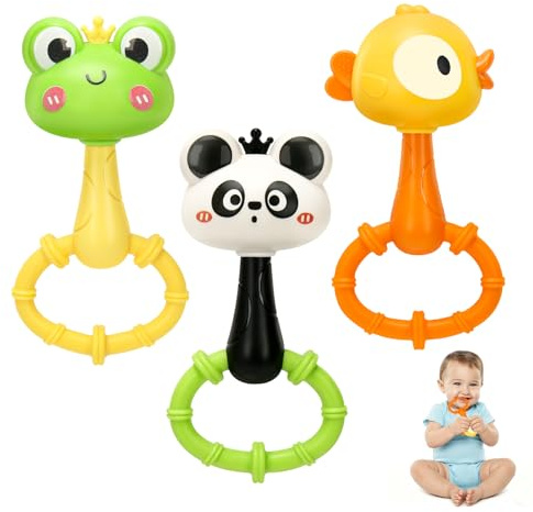 MR.TIMELAG Babyrassel-Set, 3er-Pack, sensorisches Beißspielzeug aus Silikon, kochfest, BPA-frei, Tierrasseln, Geschenkidee für Neugeborene und Mädchen (Frosch + Ente + Panda)